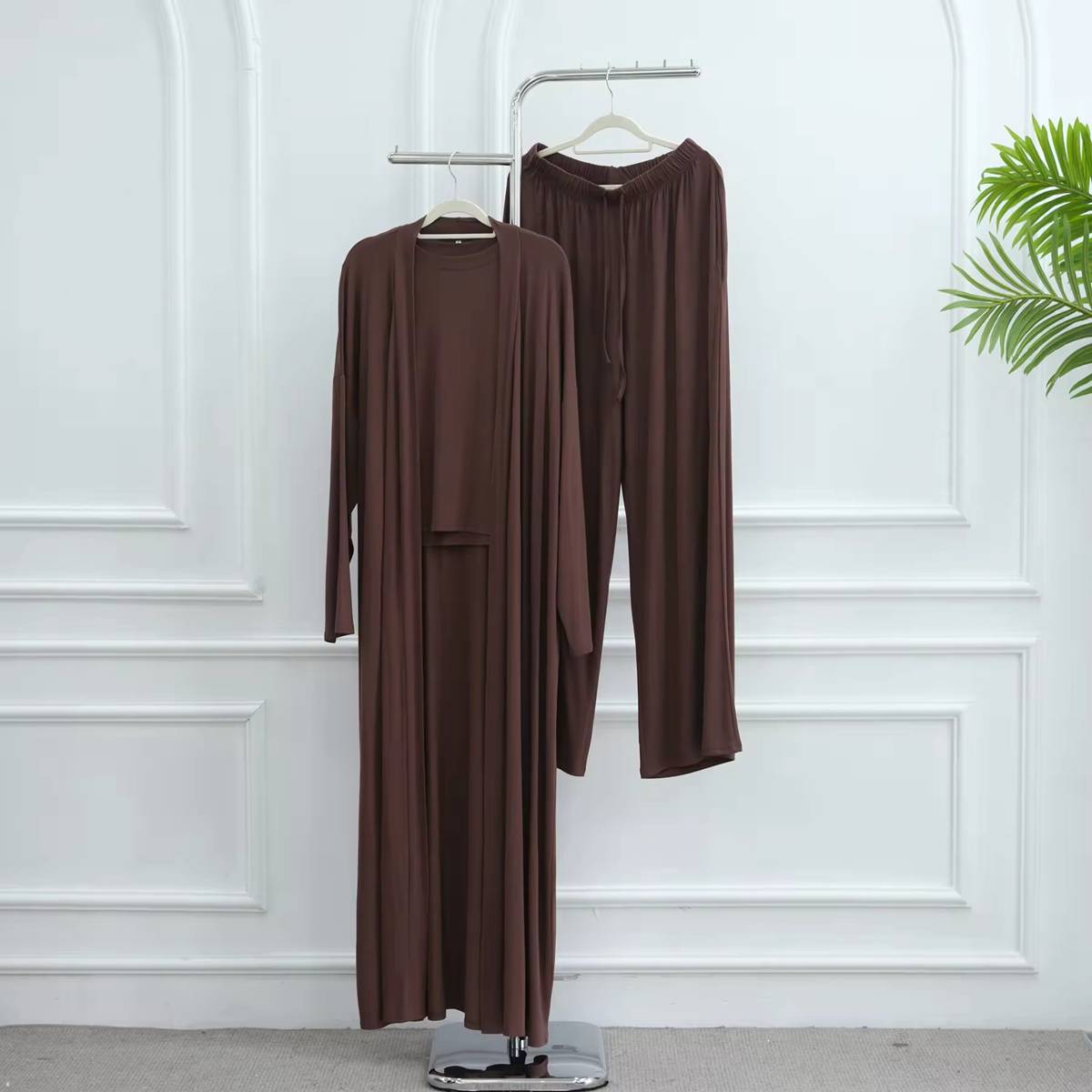 طقم ملابس نسائية مسلمة مكون من 3 قطع، بلوزة وبنطال من قماش المودال مع عباية مفتوحة #251076