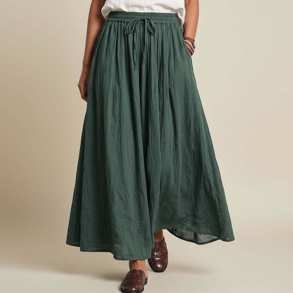 Elastic Waist Drawstring Plain Modest Maxi Skirt With Pocket #268750