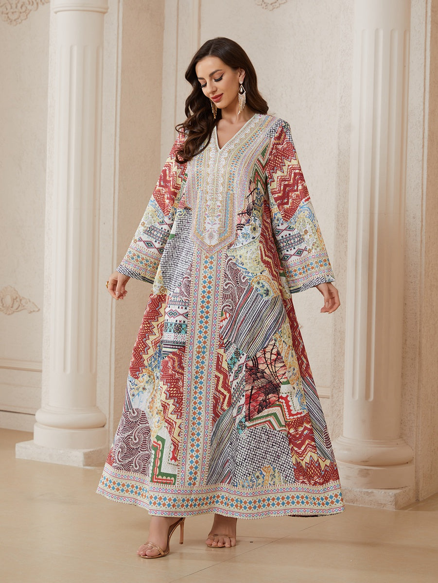 Hotfix Rhinestones Printed Jacquard Caftan Kaftan Dress For Women - Mukhawar Jalabiya Eid Dress -  #26N014