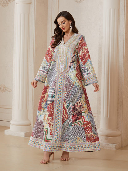 Hotfix Rhinestones Printed Jacquard Caftan Kaftan Dress For Women - Mukhawar Jalabiya Eid Dress -  #26N014