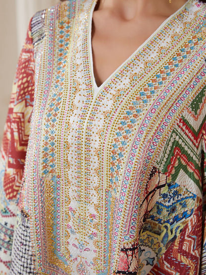 Hotfix Rhinestones Printed Jacquard Caftan Kaftan Dress For Women - Mukhawar Jalabiya Eid Dress -  #26N014