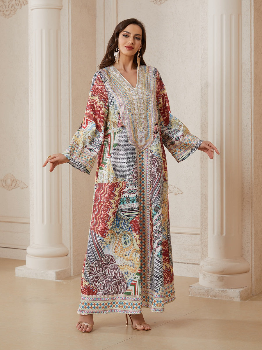 Hotfix Rhinestones Printed Jacquard Caftan Kaftan Dress For Women - Mukhawar Jalabiya Eid Dress -  #26N014