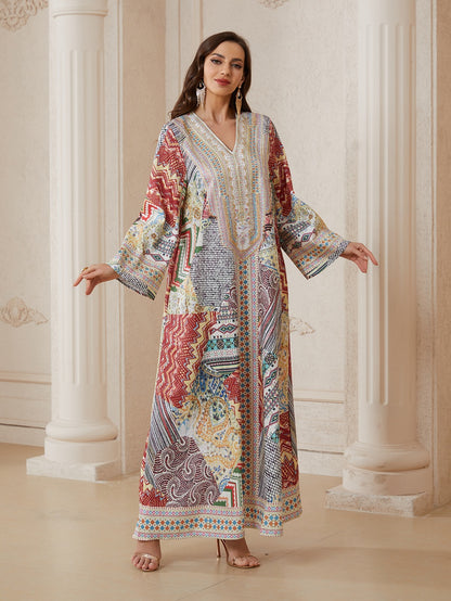Hotfix Rhinestones Printed Jacquard Caftan Kaftan Dress For Women - Mukhawar Jalabiya Eid Dress -  #26N014