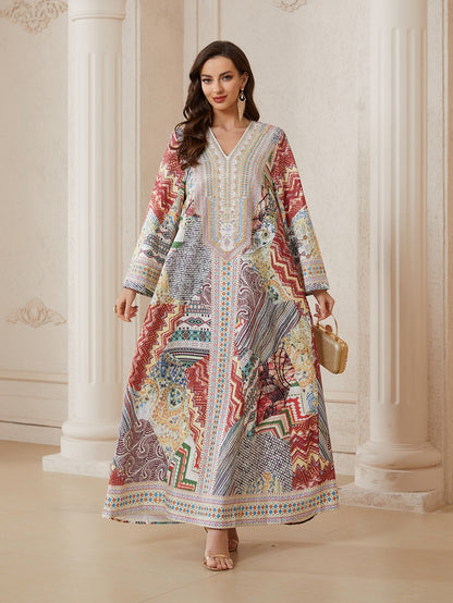 Hotfix Rhinestones Printed Jacquard Caftan Kaftan Dress For Women - Mukhawar Jalabiya Eid Dress -  #26N014