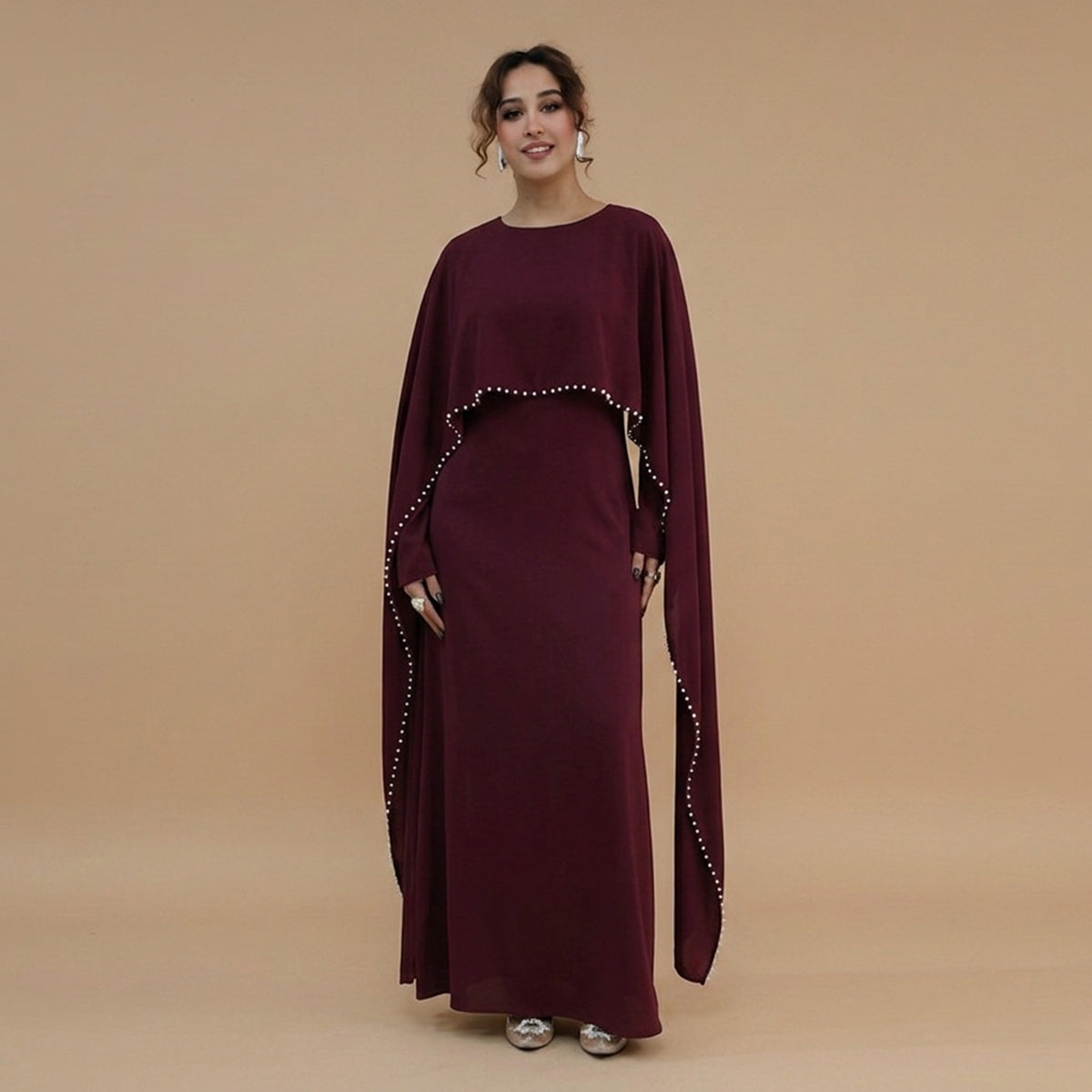 Muslim Women Embellished Beads Cape Satin Abaya Dress #261134