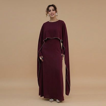 Muslim Women Embellished Beads Cape Satin Abaya Dress #261134