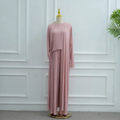 طقم ملابس نسائية مسلمة مكون من 3 قطع، بلوزة وبنطال من قماش المودال مع عباية مفتوحة #251076