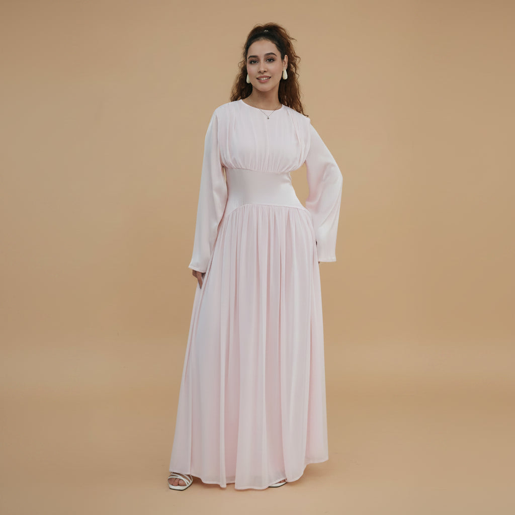 Muslim Women Double-layer Chiffon Waist Abaya Dress #261330