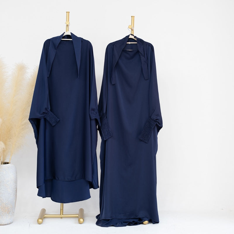 Muslim Women Mother And Daughter Girl Matching Satin Prayer Dress Overhead Jilbab Robe