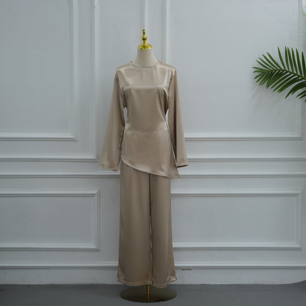 Muslim Women Daily Wear Satin 2 Pieces Tops And Pants Suit Set #261342