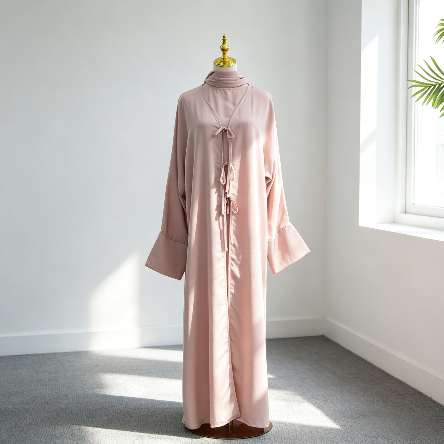 3 Pieces Set Nida Open Abaya Dress With Inner Sleeveless Dress And Matching Hijab #261201