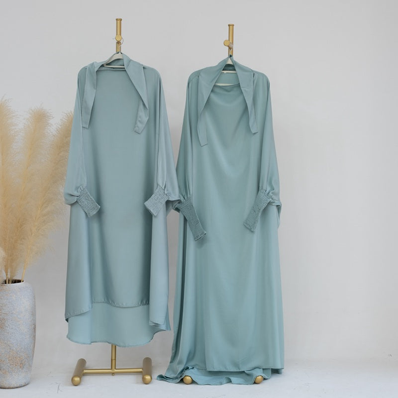 Muslim Women Mother And Daughter Girl Matching Satin Prayer Dress Overhead Jilbab Robe