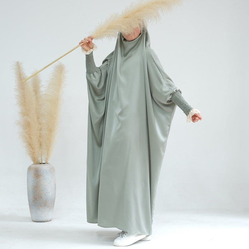 Satin Lace Cuffs Overhead Jilbab Abaya Prayer Dress