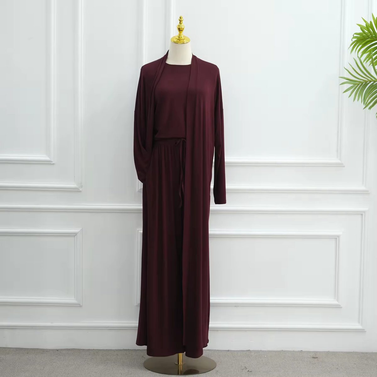 طقم ملابس نسائية مسلمة مكون من 3 قطع، بلوزة وبنطال من قماش المودال مع عباية مفتوحة #251076