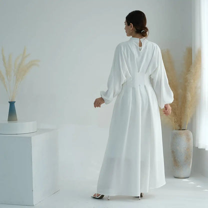 Muslim Women Elastic Sleeve Linen Abaya Dress