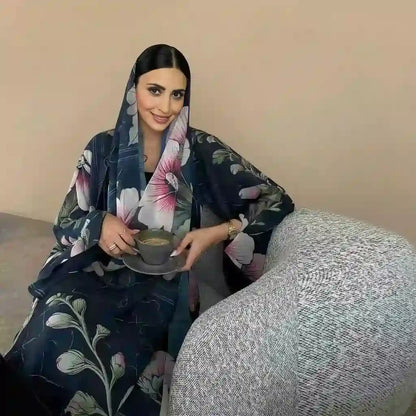 فستان عباية مفتوح من كارديجان مطبوع للنساء المسلمات مع حجاب متناسق #25239