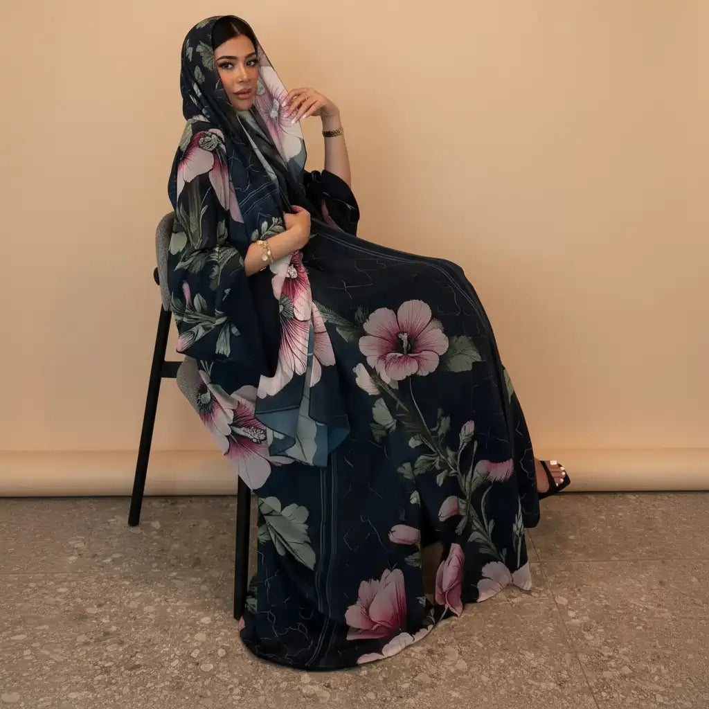 فستان عباية مفتوح من كارديجان مطبوع للنساء المسلمات مع حجاب متناسق #25239