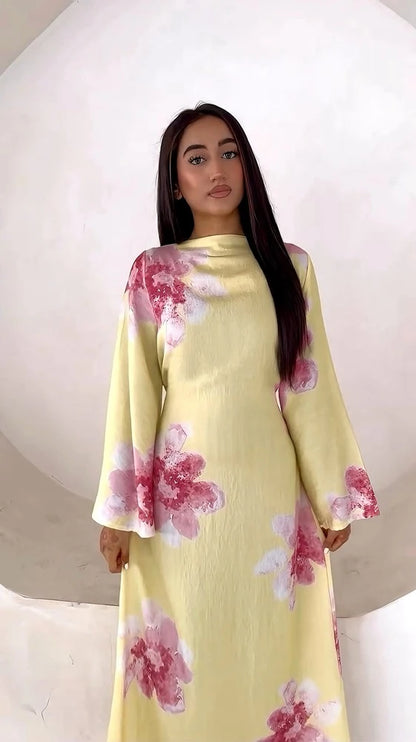 Satin Printed Abaya Dress With Belt #251063