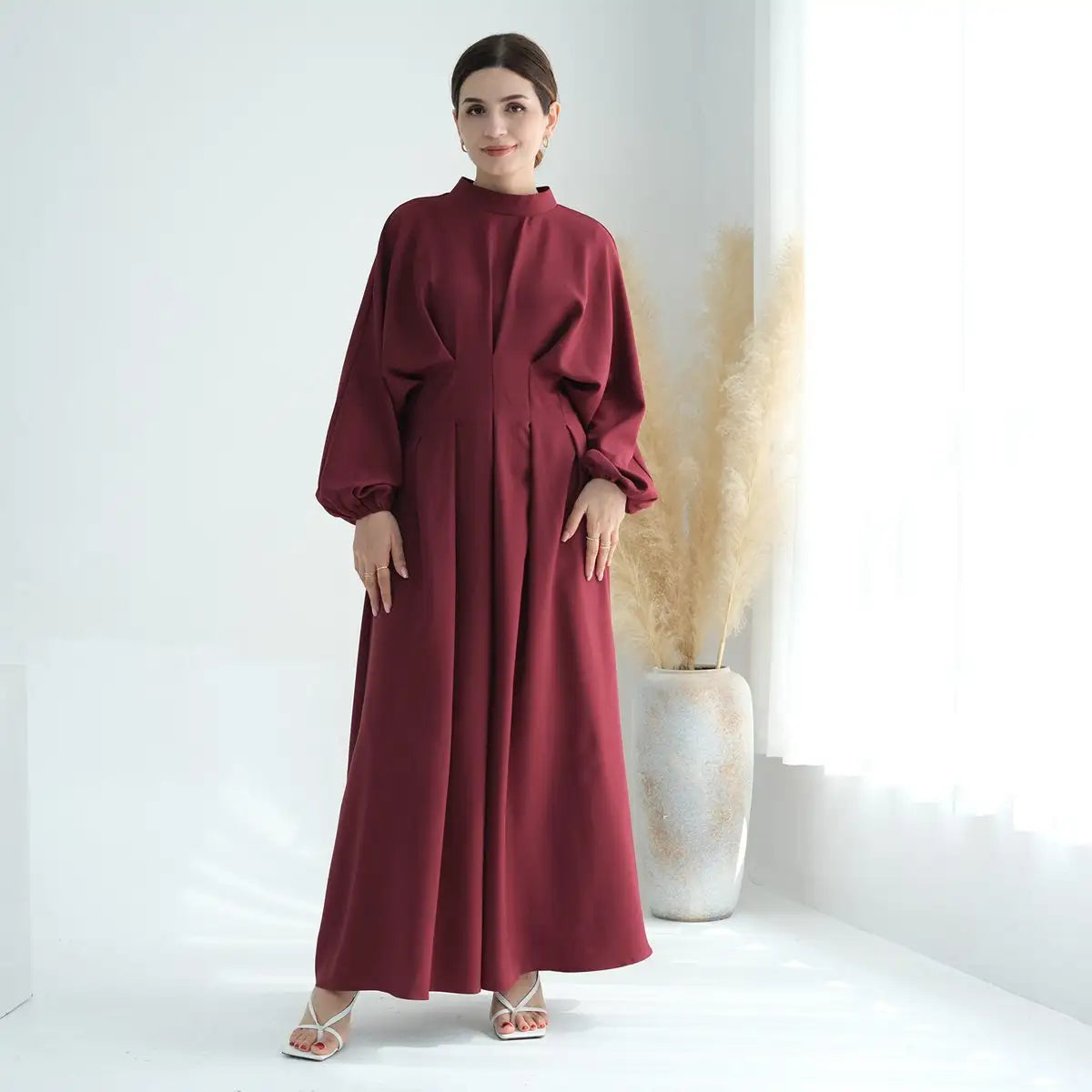 Muslim Women Elastic Sleeve Linen Abaya Dress