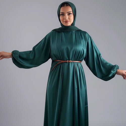 2 Pieces Set Satin Muslim Women Open Abaya Dress Set With Inner Sleeveless Dress