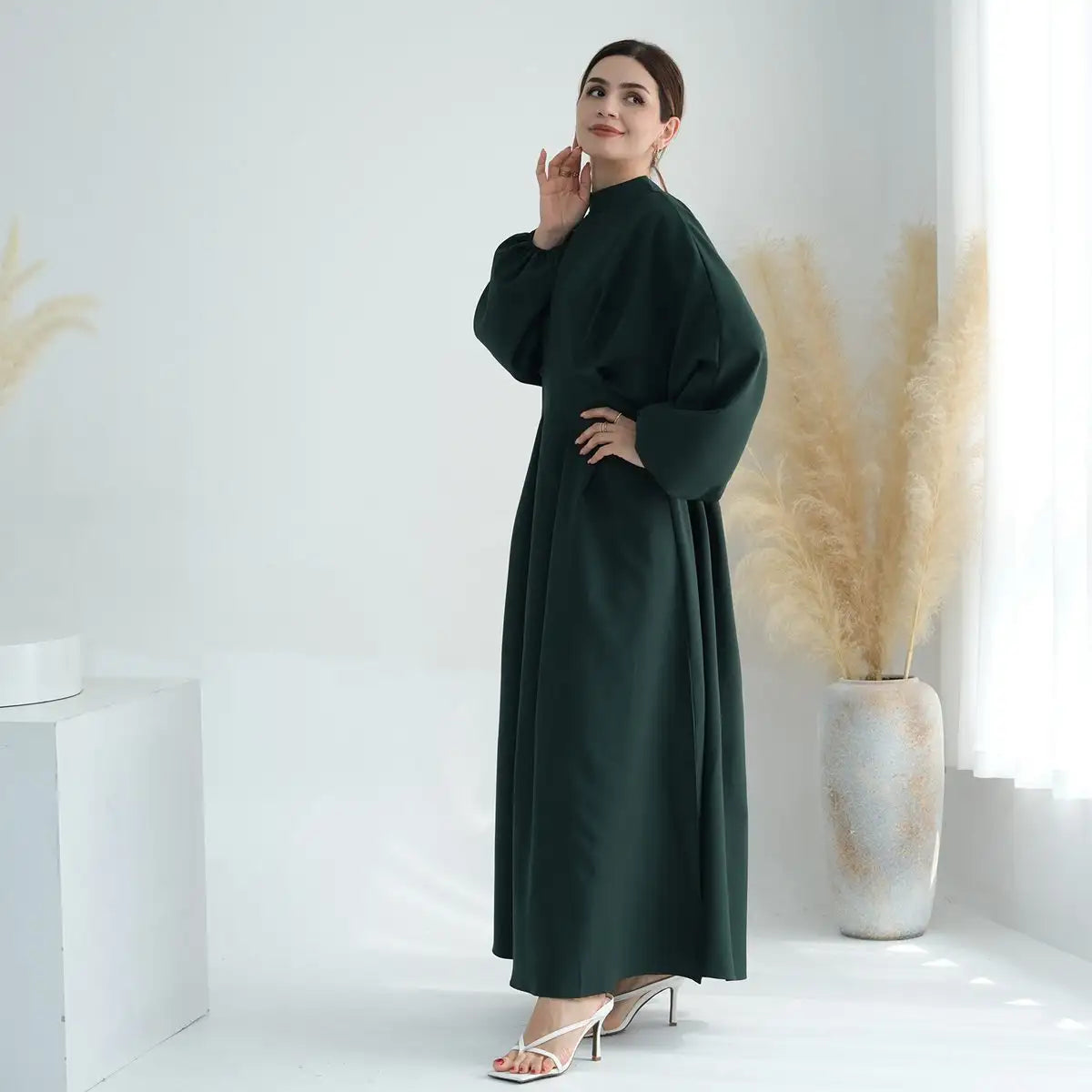 Muslim Women Elastic Sleeve Linen Abaya Dress