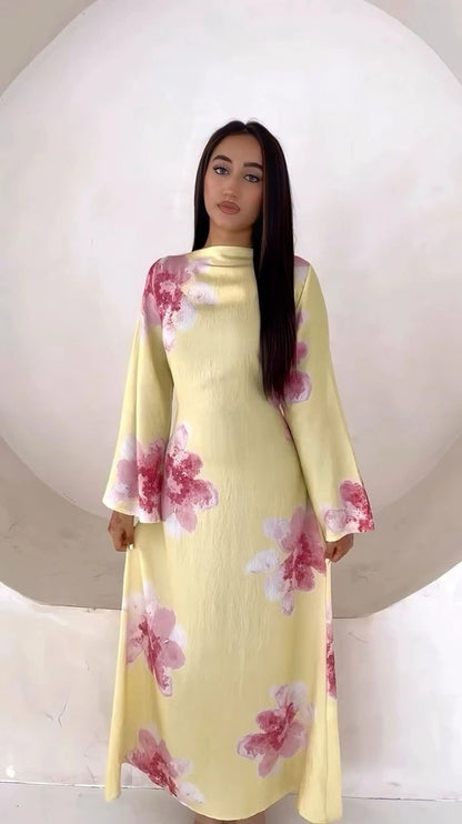 Satin Printed Abaya Dress With Belt #251063