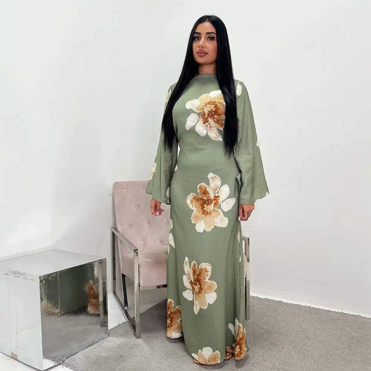Satin Printed Abaya Dress With Belt #251063
