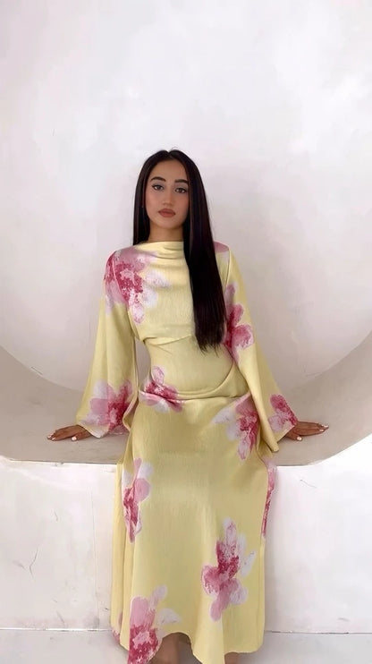 Satin Printed Abaya Dress With Belt #251063