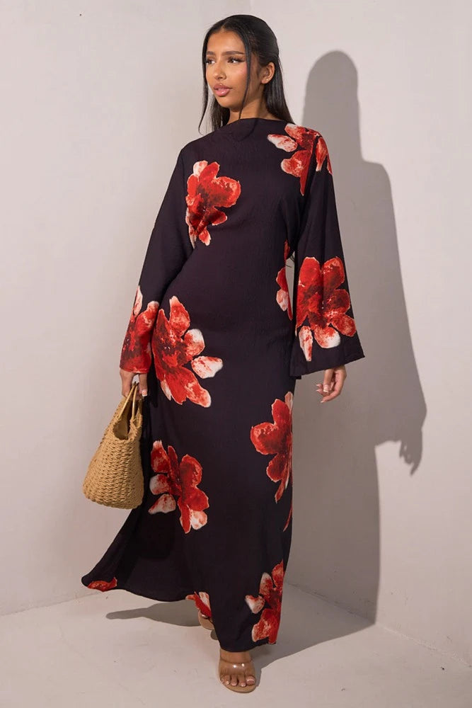 Satin Printed Abaya Dress With Belt #251063
