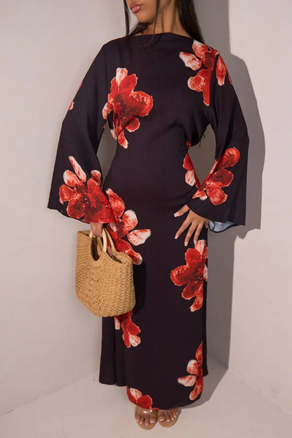 Satin Printed Abaya Dress With Belt #251063