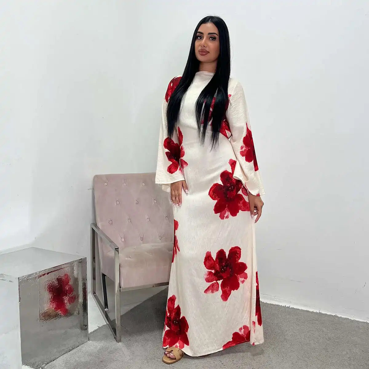 Satin Printed Abaya Dress With Belt #251063