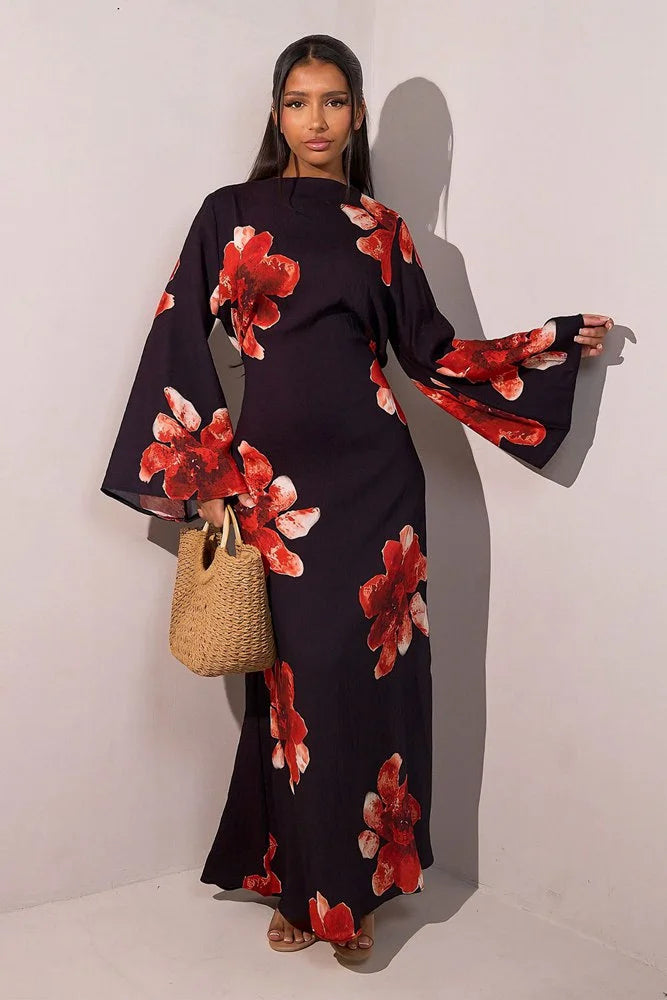 Satin Printed Abaya Dress With Belt #251063