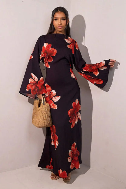 Satin Printed Abaya Dress With Belt #251063