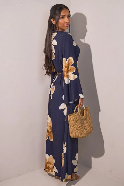Satin Printed Abaya Dress With Belt #251063