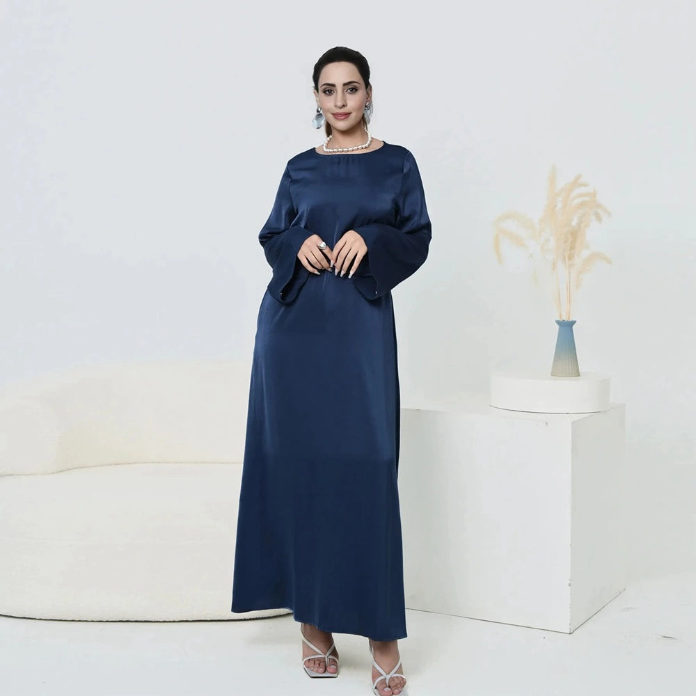 Muslim Women Solid Color Satin Abaya Robe Dress With Pocket And Belt
