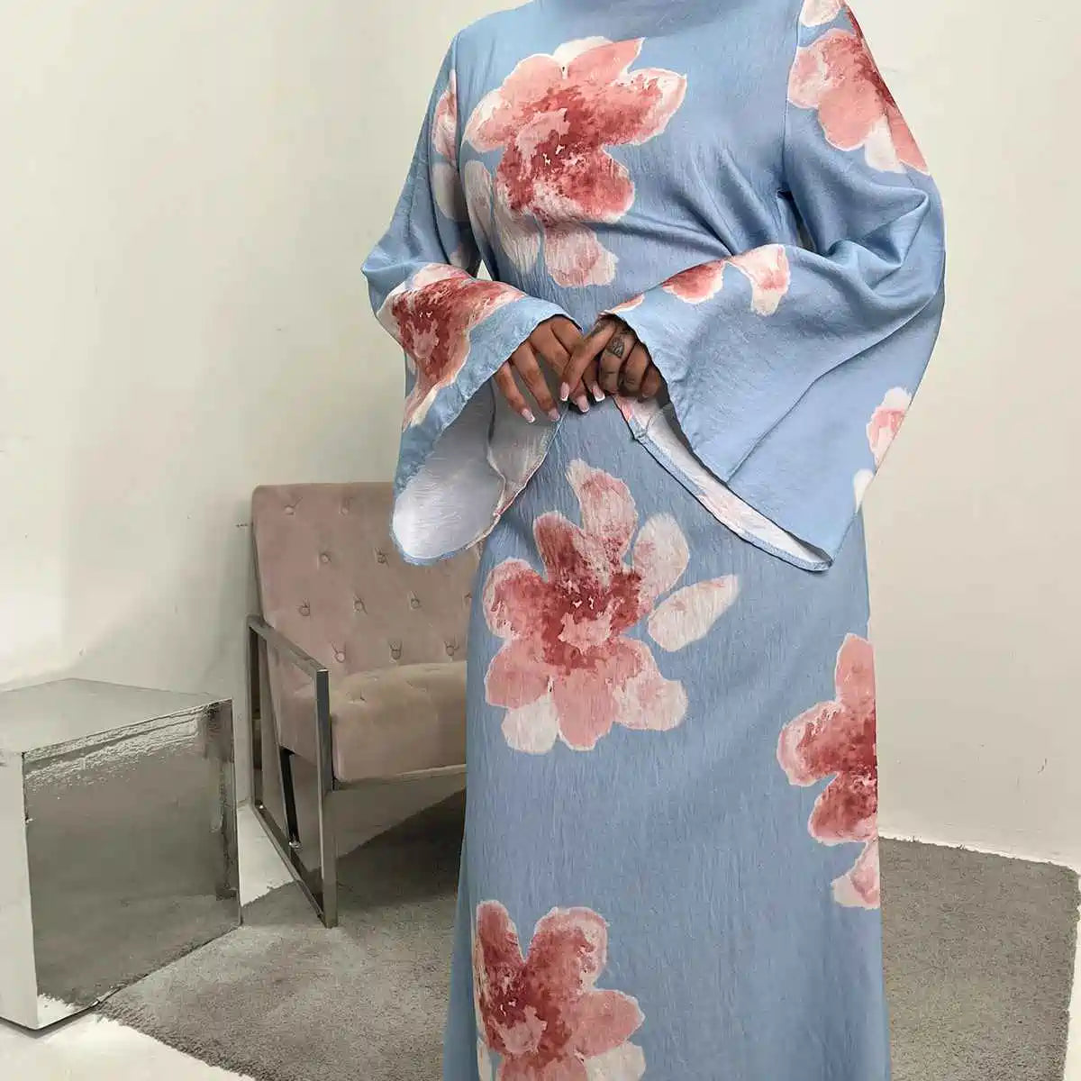 Satin Printed Abaya Dress With Belt #251063