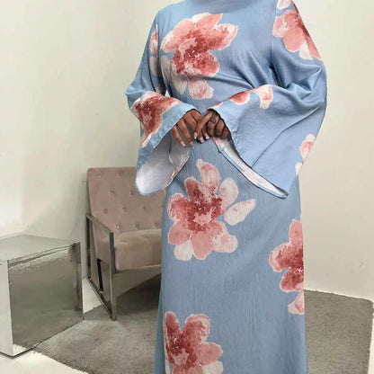 Satin Printed Abaya Dress With Belt #251063