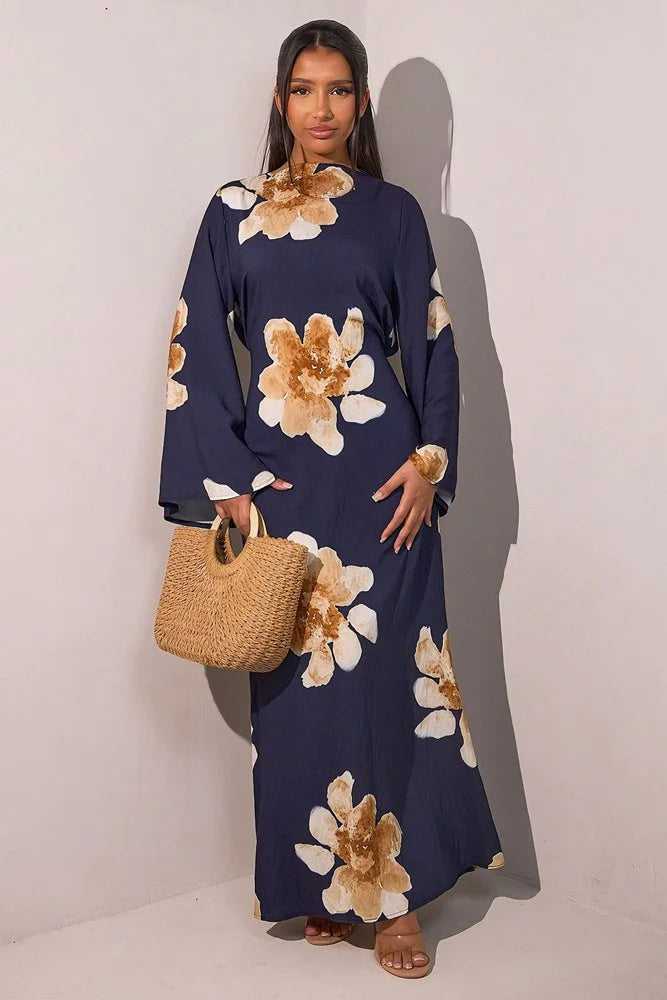 Satin Printed Abaya Dress With Belt #251063