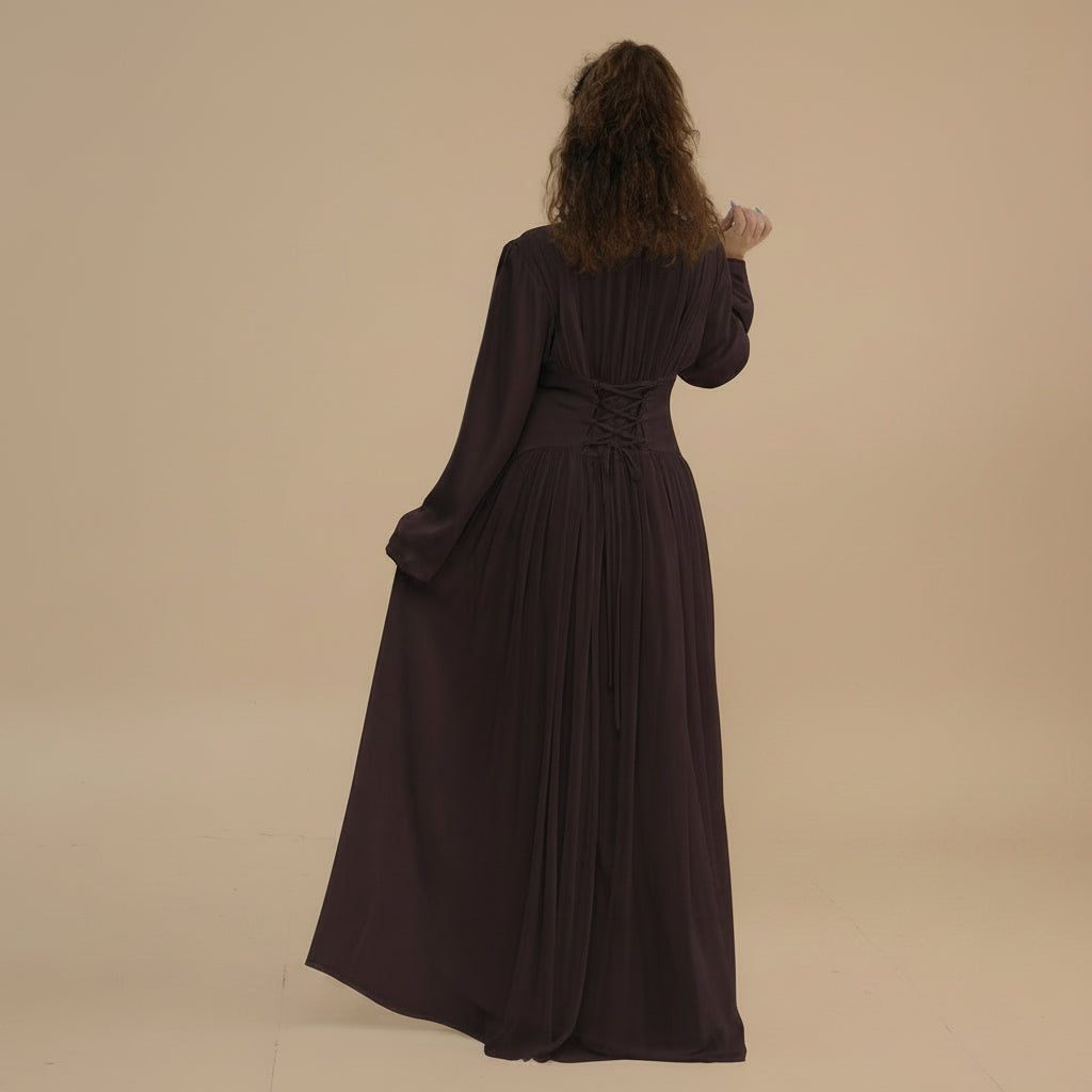 Muslim Women Double-layer Chiffon Waist Abaya Dress #261330