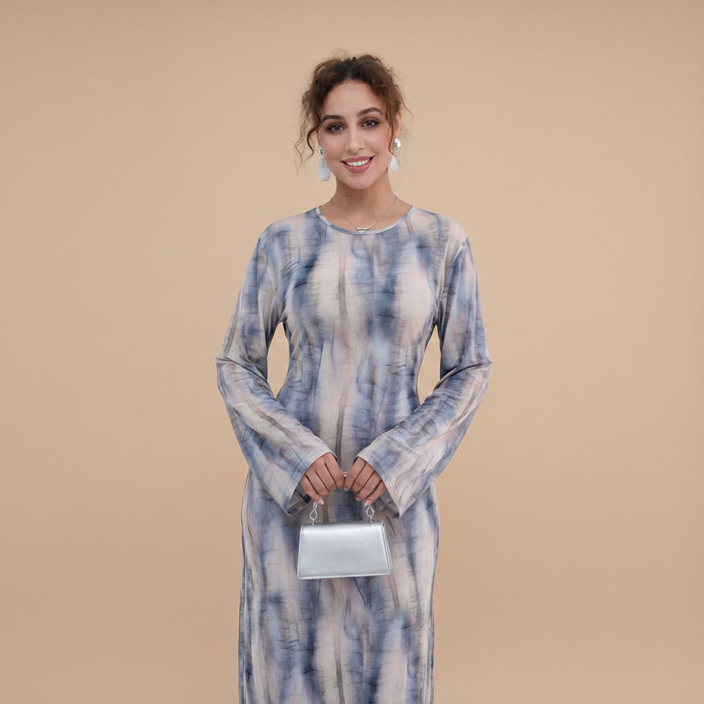 Printed Modal Abaya Dress For Women - Taro/Black/Purple/Dusty Blue/Argyle Pattern - #261288