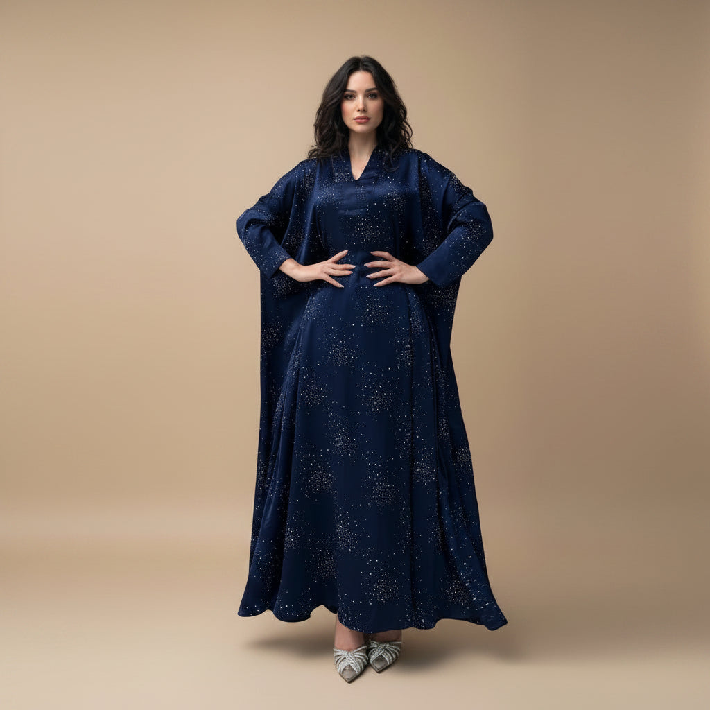 Muslim Women Hotfix Rhinestones Satin Farasha Batwing Sleeve Abaya Dress #26180