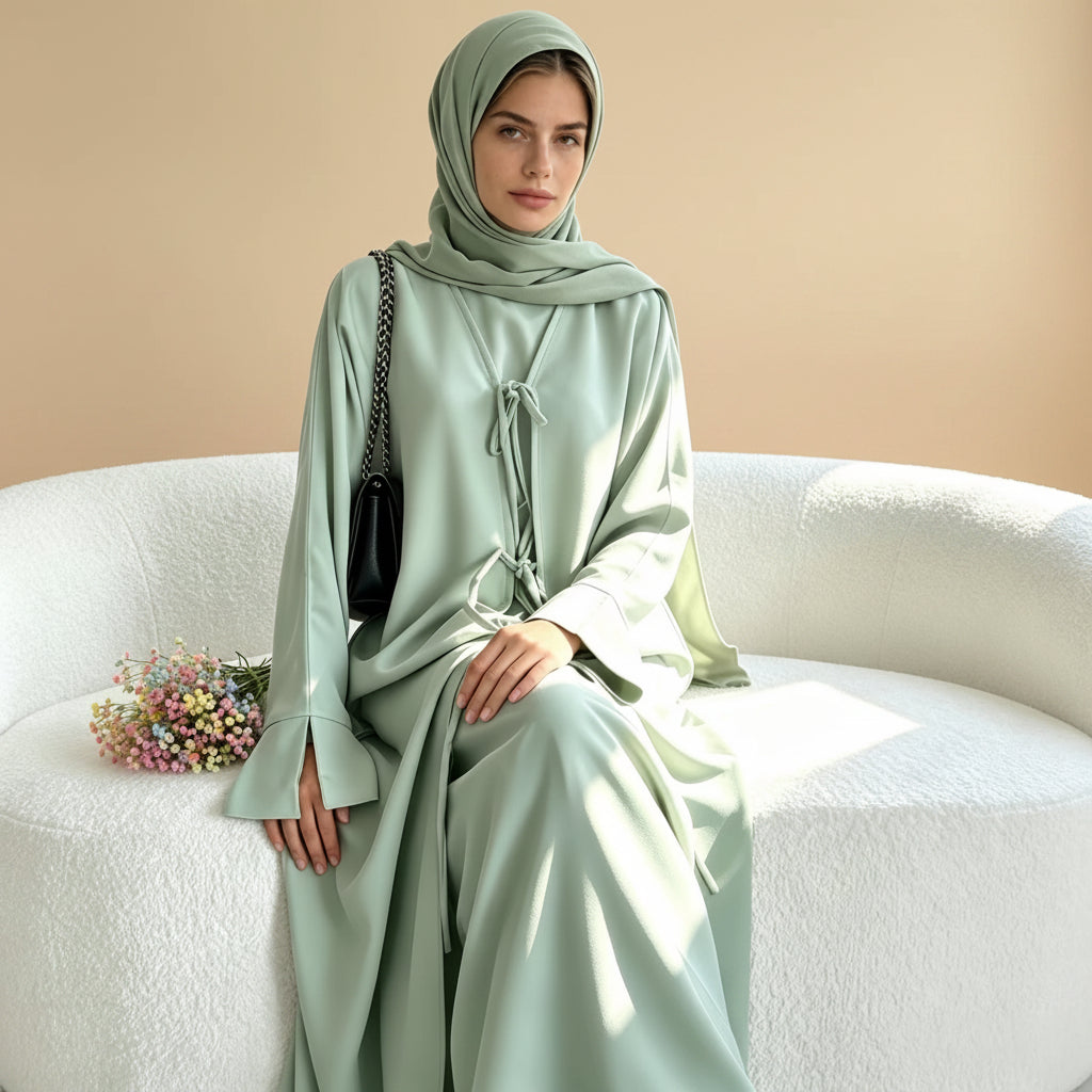 3 Pieces Set Nida Open Abaya Dress With Inner Sleeveless Dress And Matching Hijab #261201