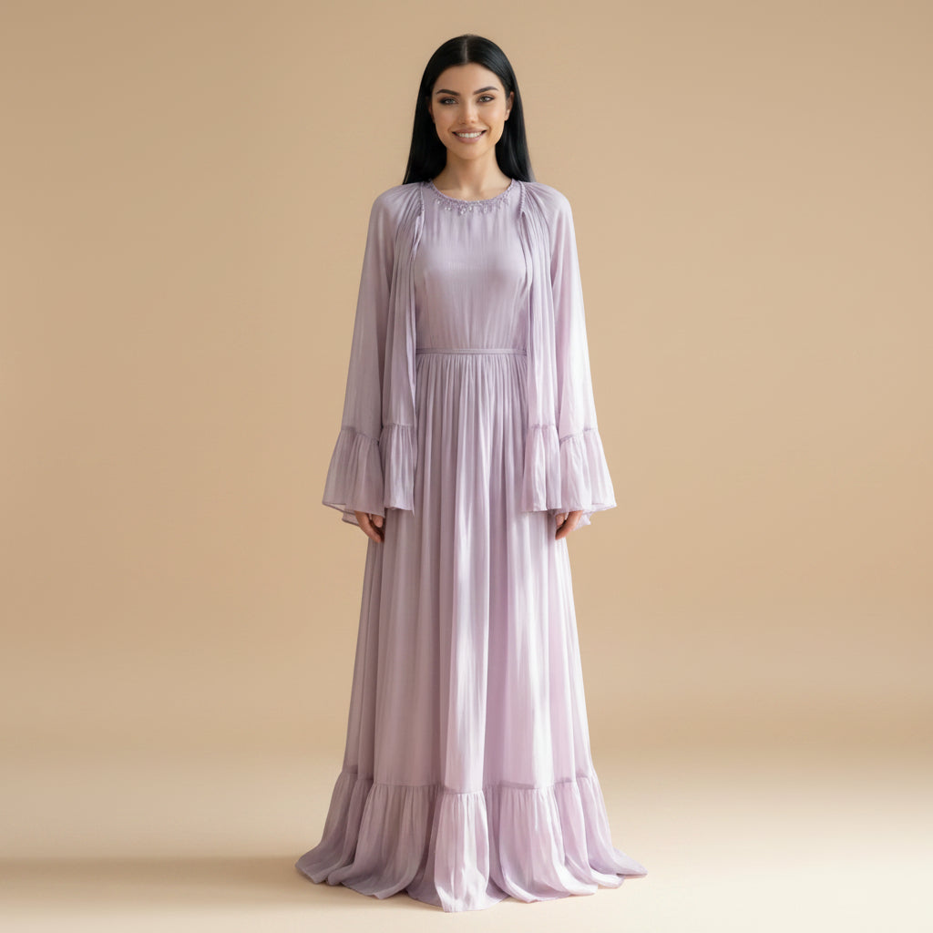 Muslim Women Embellished Rhinestones Short Sleeve Abaya Dress With Cape #261239