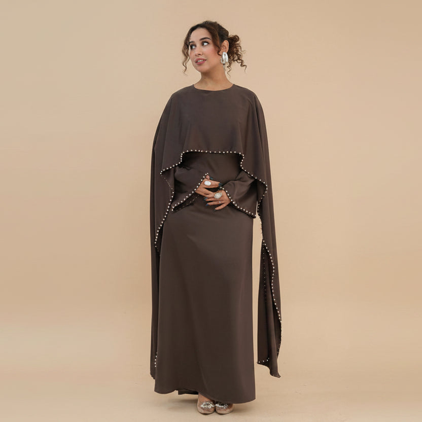 Muslim Women Embellished Beads Cape Satin Abaya Dress #261134