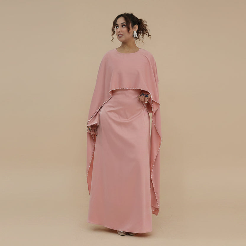 Muslim Women Embellished Beads Cape Satin Abaya Dress #261134
