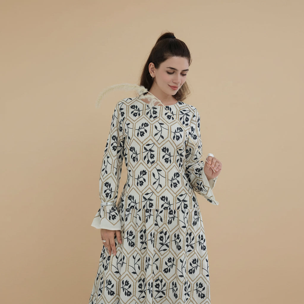Embroidery Abaya Dress With Linen For Women - Black/Apricot - #261095
