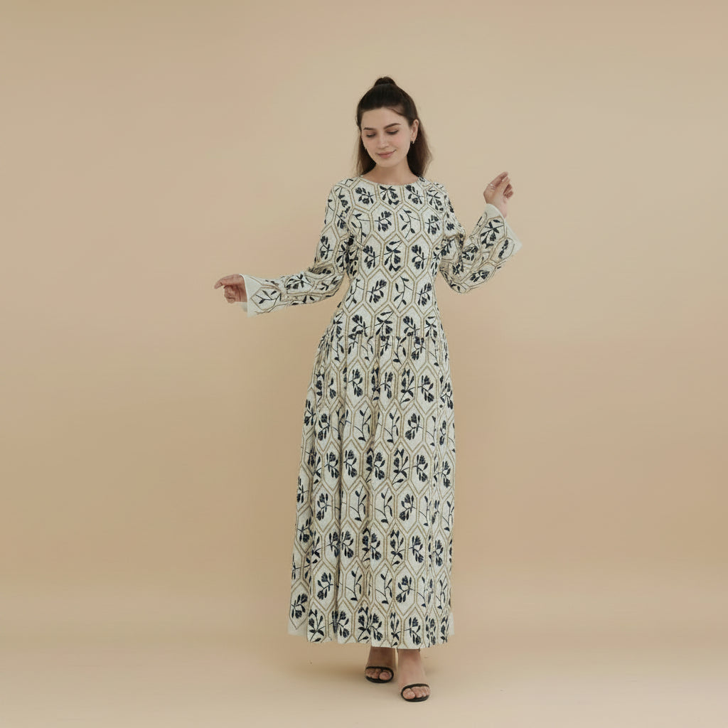 Embroidery Abaya Dress With Linen For Women - Black/Apricot - #261095