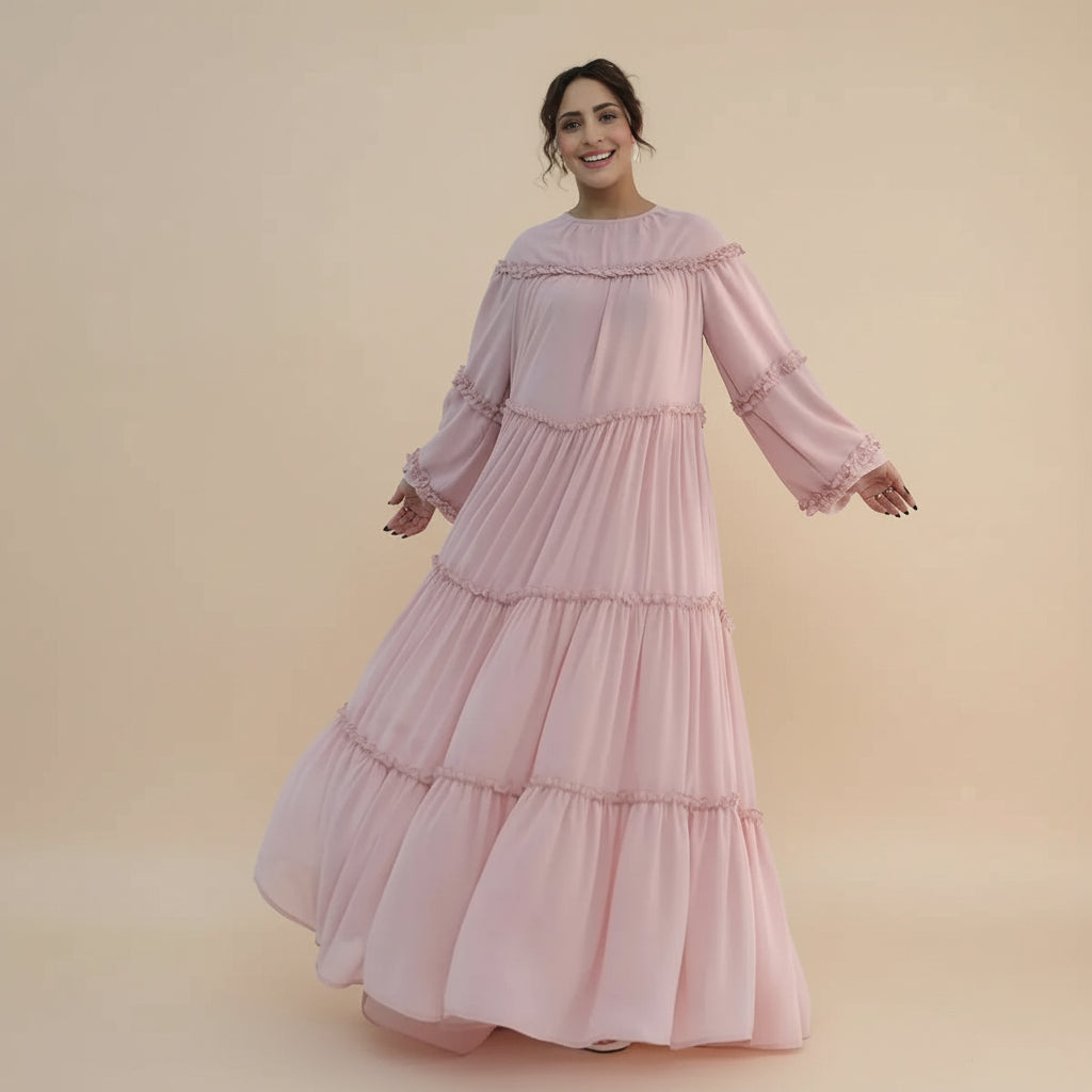 Muslim Women Double Layers Chiffon Tiered Ruffle Abaya Dress #261161