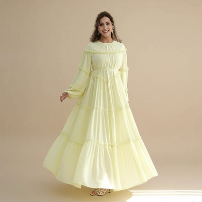 Muslim Women Double Layers Chiffon Tiered Ruffle Abaya Dress #261161