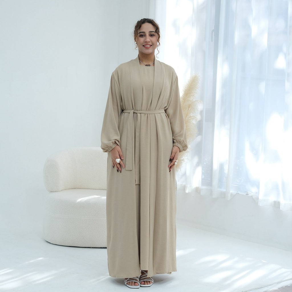 3 Pieces Set Wrinkle Fabric Cardigan Open Abaya Dress With Hijab
